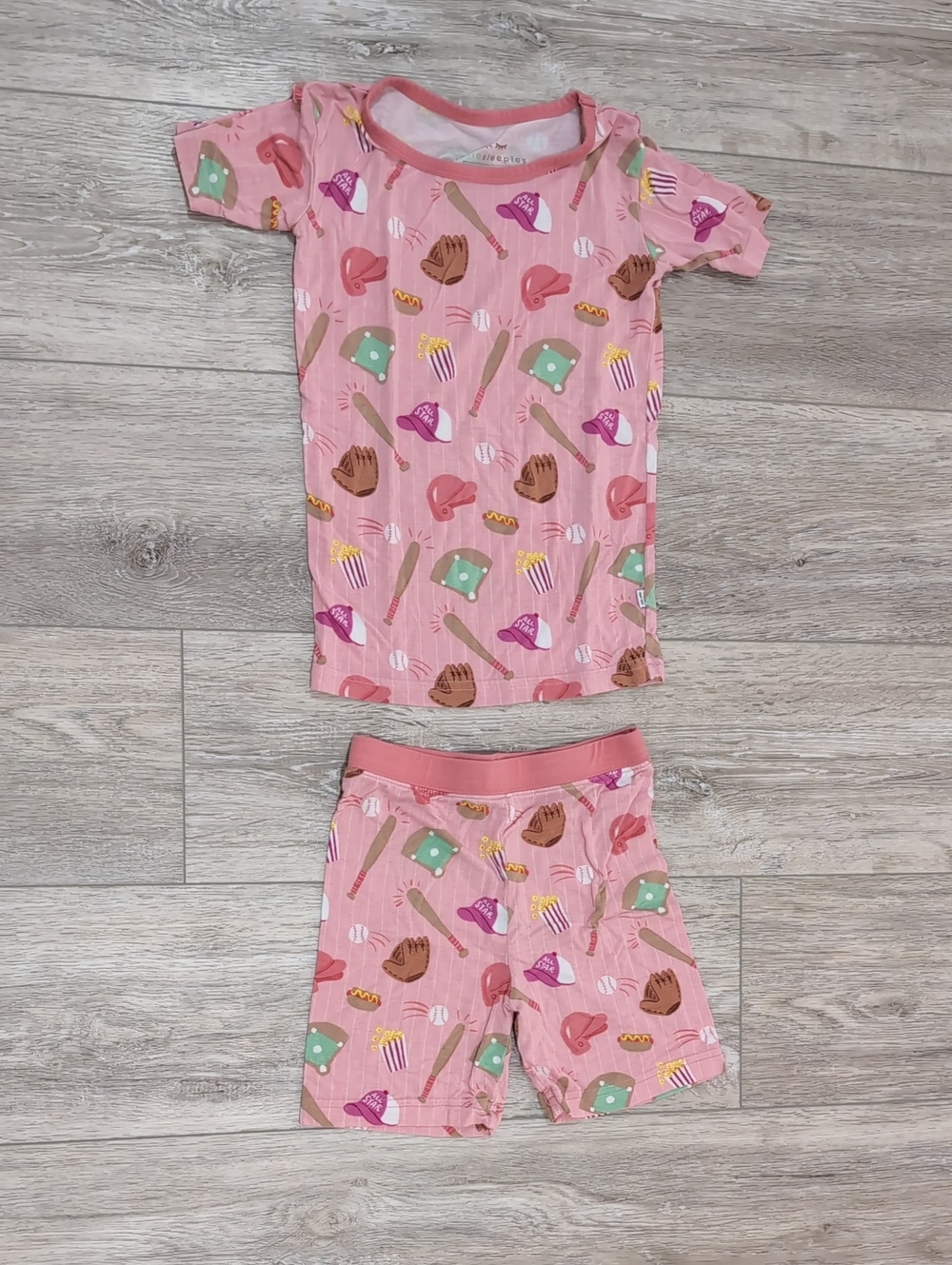 Little Sleepies Pink Baseball & Snack Print Short Sleeve Pajama Set